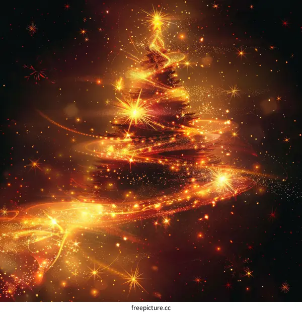 Golden Christmas Tree Adorned with Lights and Decorations