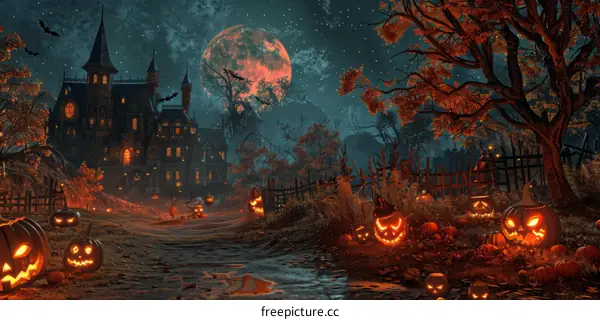 Halloween Pumpkin House in the Dark Night