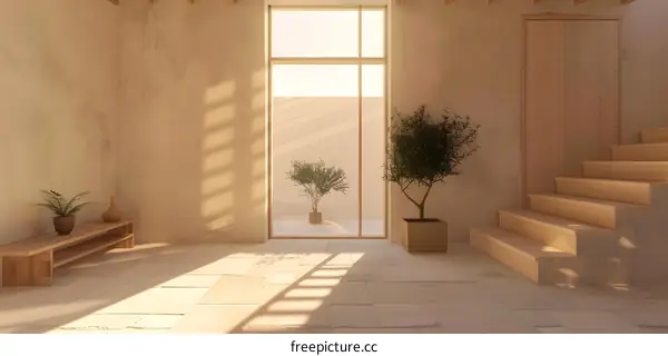 Minimalist Interior Design With Wooden Stairs And Plants