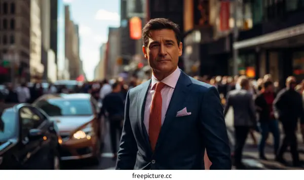 A man in a suit is walking down a busy street