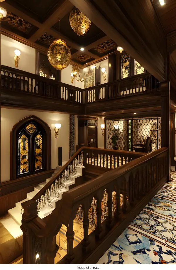 Interior Design of a Grand Staircase With a Wooden Railing and Stained Glass Window
