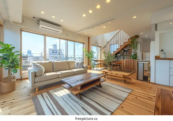 Modern Living Room Interior Design with Wooden Floors and Large Windows