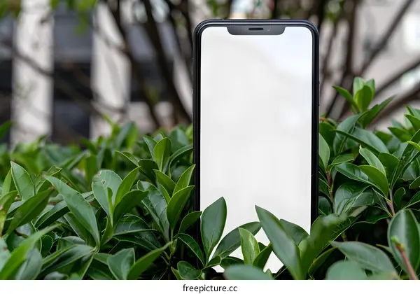 Black Smartphone with Blank Screen Standing in Green Foliage