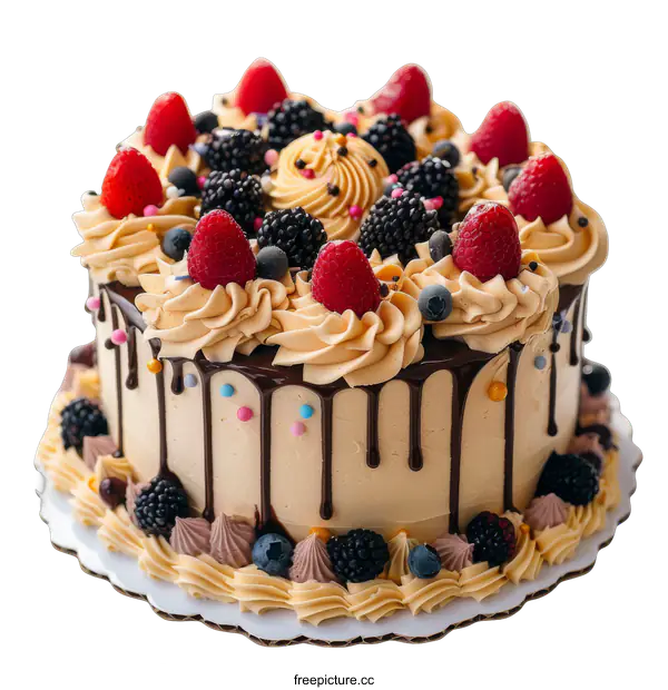 [Transparent Background PNG]A cake decorated with fresh berries and chocolate