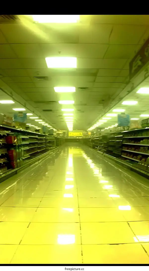 Empty Super Market Aisle with Bright Lights and Reflecting Floor