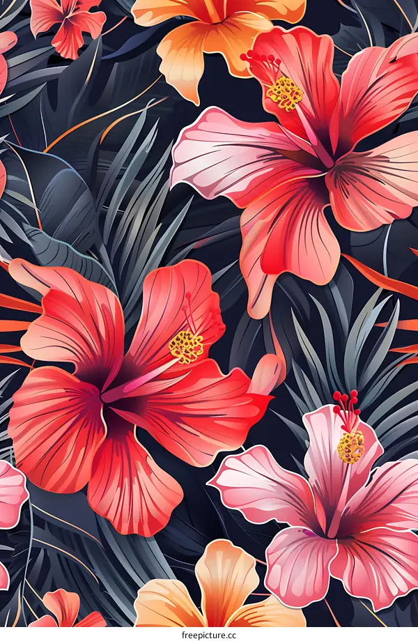 Floral Pattern With Tropical Flowers On Dark Background