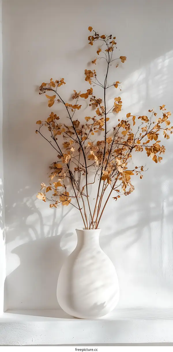 White Vase with Dried Branches and Shadow on White Wall