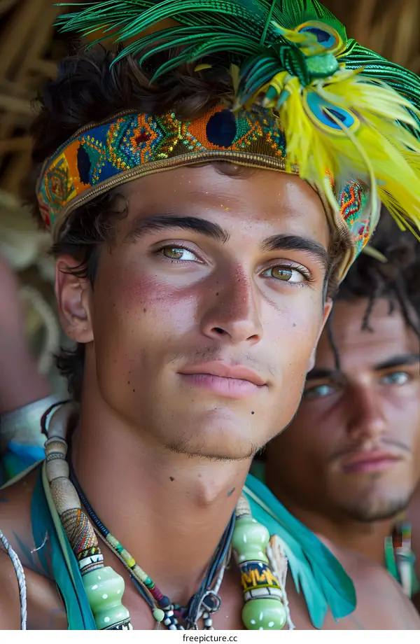 Portrait of a young man wearing a traditional headdress