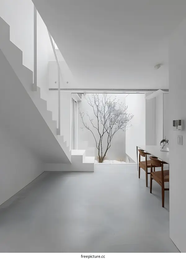 Minimalist Modern White Interior Design With Tree View