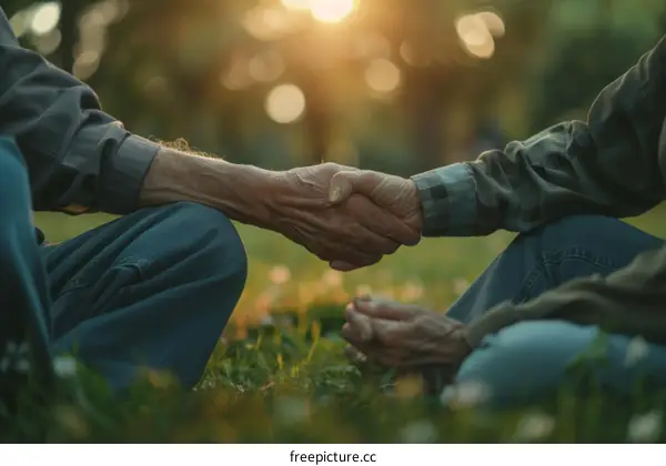 Two elderly people holding hands in the park