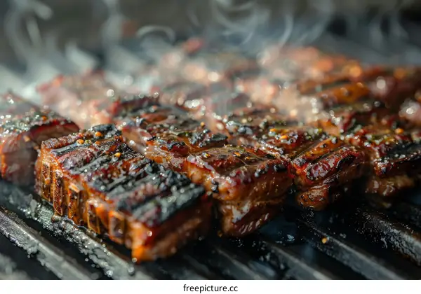 A group of people grilling meat on a grill.