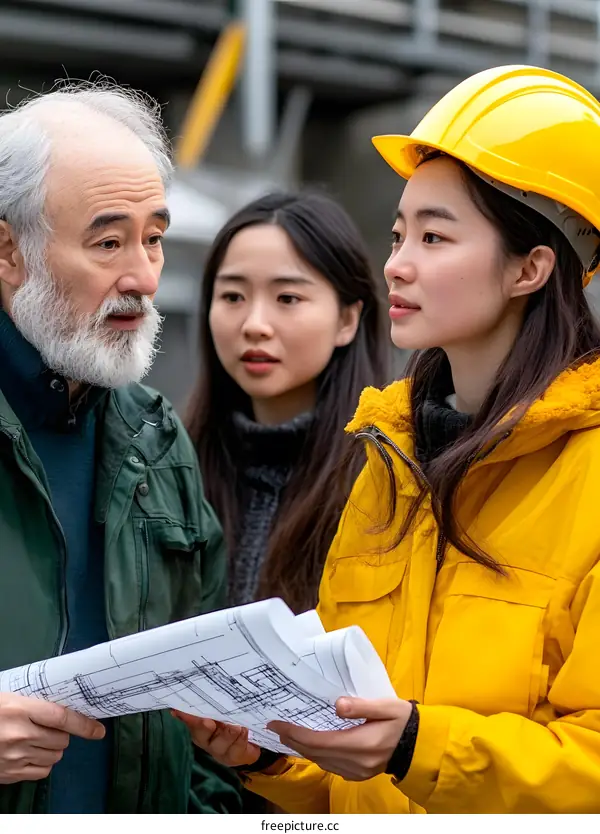 Asian Construction Workers Discussing Blueprint