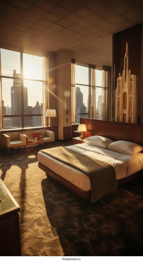 Vintage hotel room with a view of the city