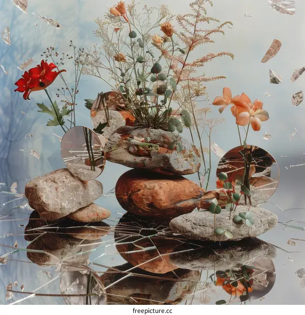 Floral Still Life with Rocks and Reflections