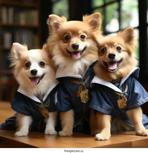 Three happy Pomeranian dogs in sailor suits