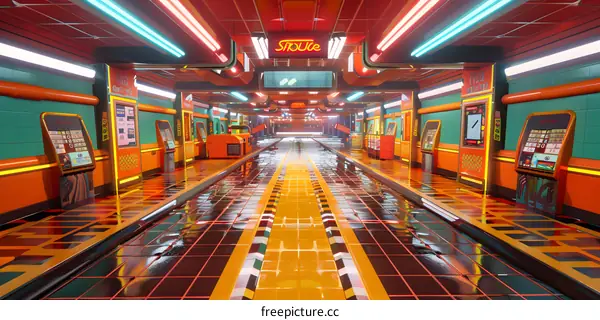 Neon Futuristic Corridor with Colorful Tiles