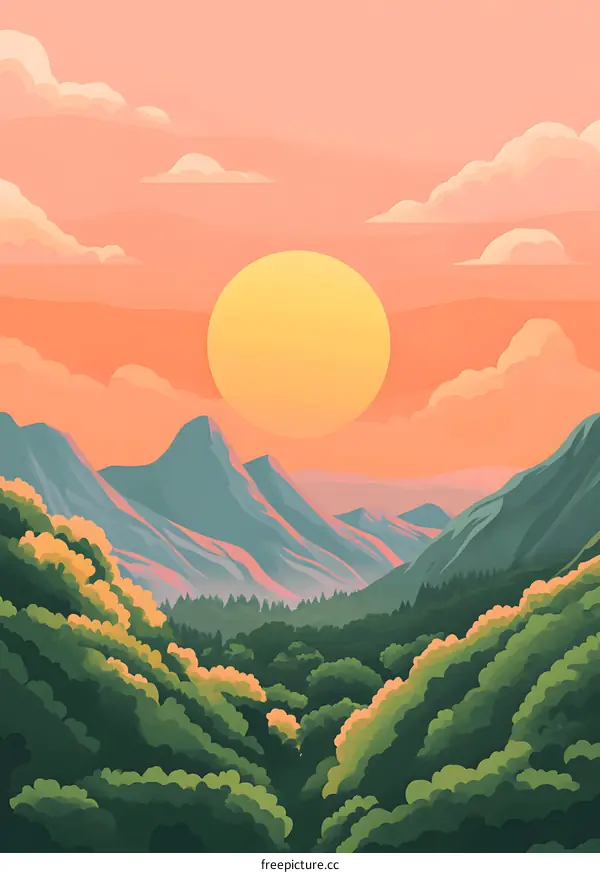 Mountain Landscape Illustration with Sunset and Clouds