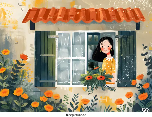 Girl Looking Out Window With Flowers