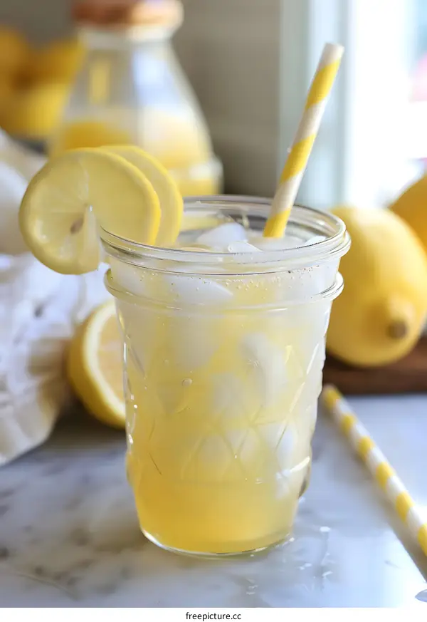 Glass of Lemonade with Lemon Slices and Straw