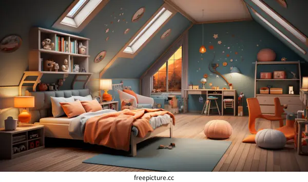 A cozy and playful attic bedroom with a beautiful view