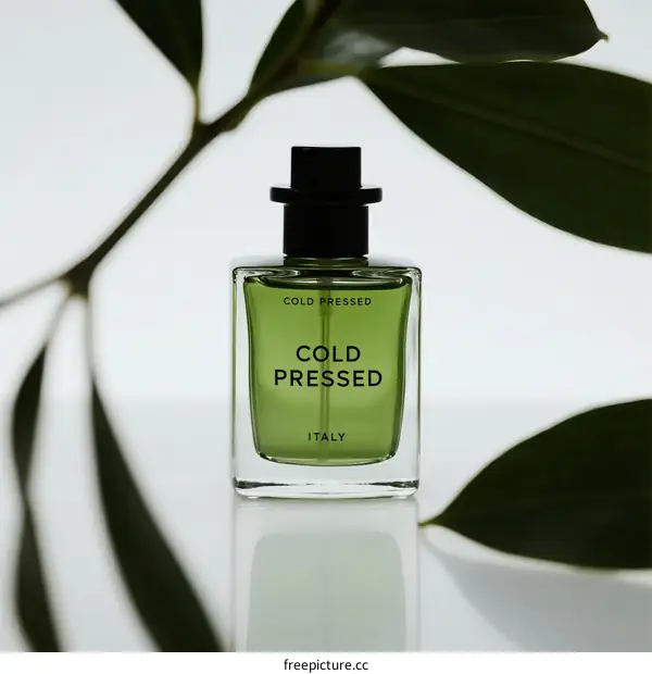 Cold pressed green bottle with plant leaves around