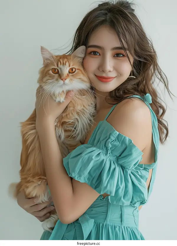 An Asian woman is holding an orange cat in her arms and smiling at the camera