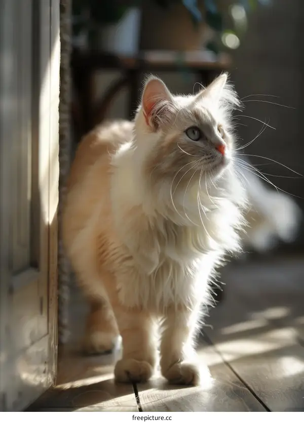 A ginger cat is standing on a wooden floor in front of a door