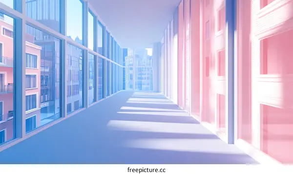 Minimalist Building Hallway With Windows View of City
