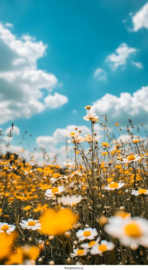 White and Yellow Flowers Blooming in a Field Under Blue Sky