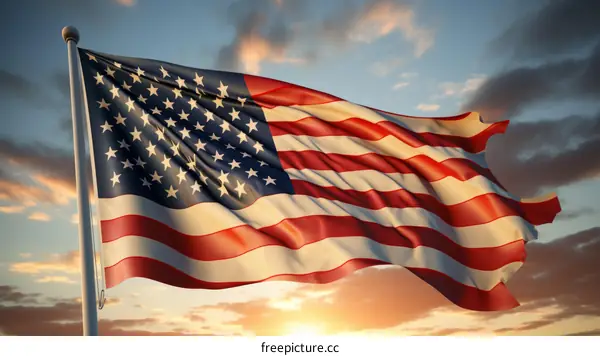 American flag waving in the wind at sunset