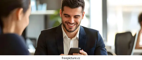 Smiling Businessman Using Smartphone While Sitting In Office