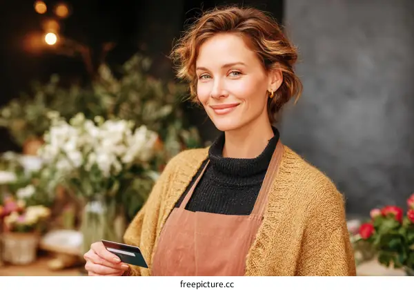 Smiling Caucasian Woman Holding Credit Card in Flower Shop