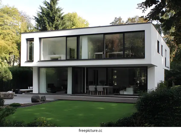 Modern White House with Large Windows and Green Lawn