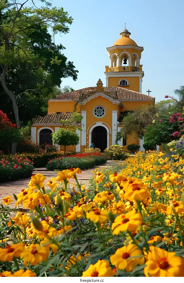 Small church with a big garden full of yellow flowers