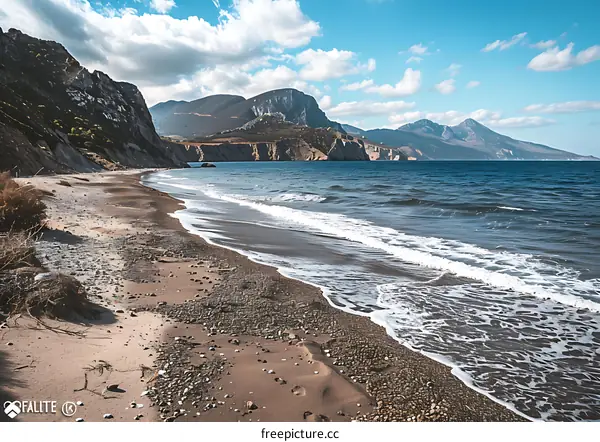Sandy Beach with Mountain View and Ocean Waves