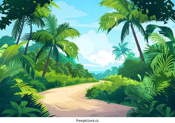 Tropical Rainforest Landscape Illustration with Palm Trees and Winding Path