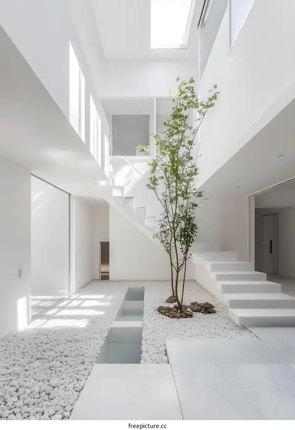 Modern Minimalist Interior Design With White Stone Flooring and a Tree