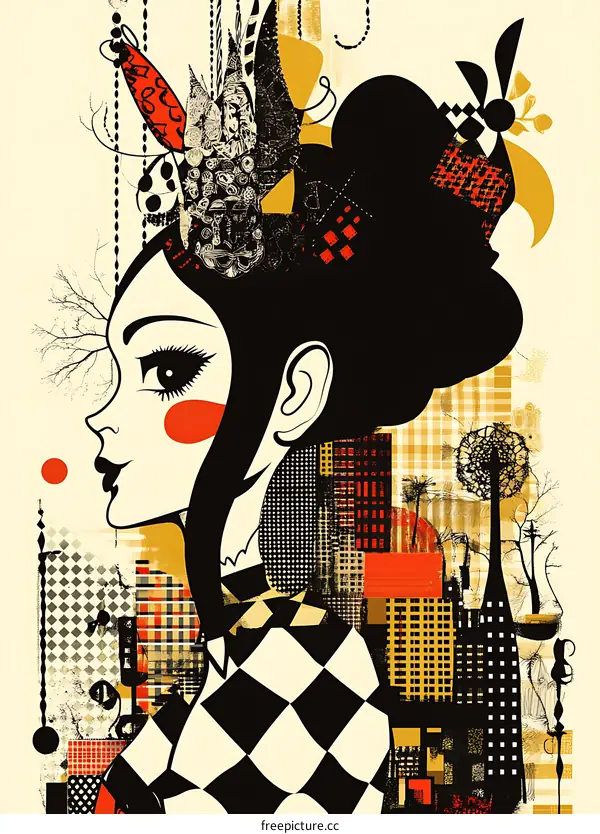 Abstract Art Portrait Of Woman With Cityscape Background