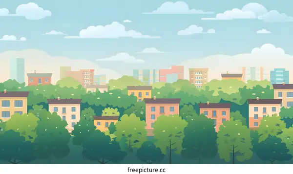 Green Cityscape with Buildings and Trees