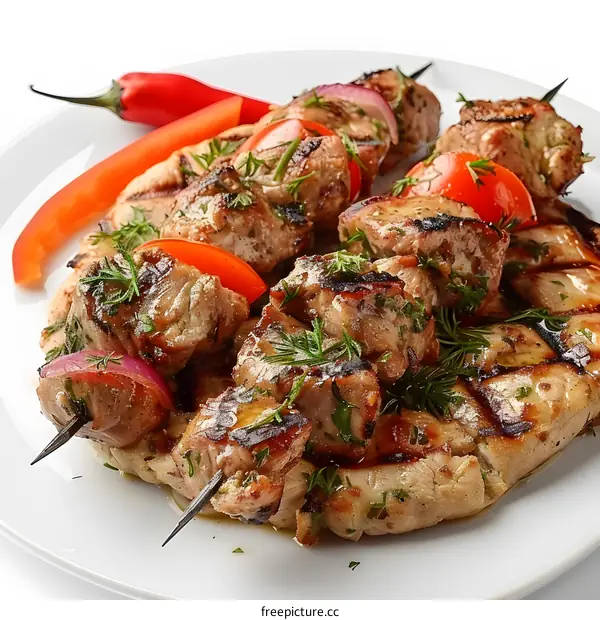 Grilled meat skewers with vegetables