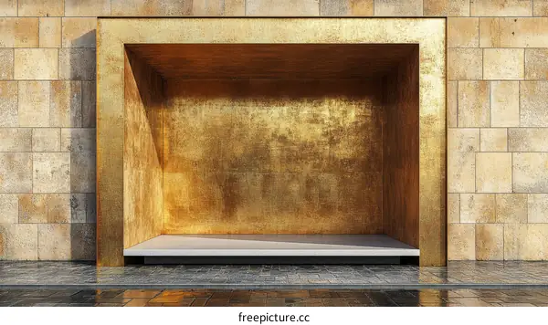Empty Golden Display Window Showcase on Stone Wall