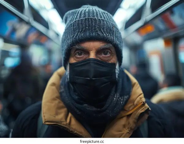 Portrait of a man wearing a mask on a subway train
