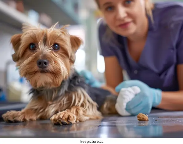 Yorkshire Terrier being examined by a veterinarian