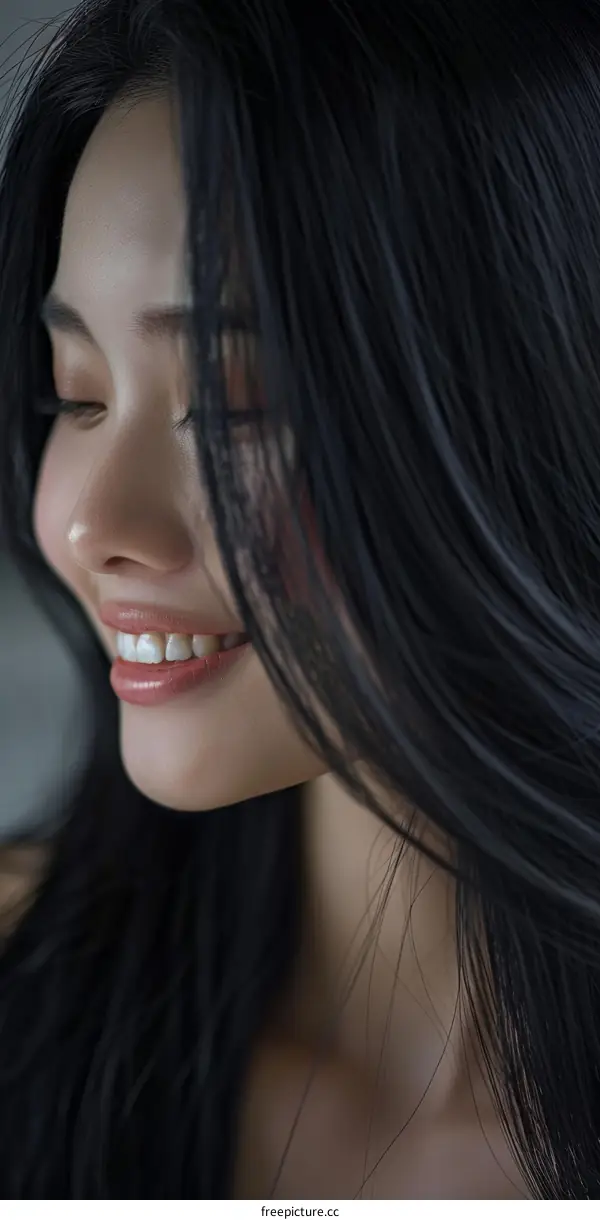 Close-up portrait of a beautiful Asian woman with long black hair smiling