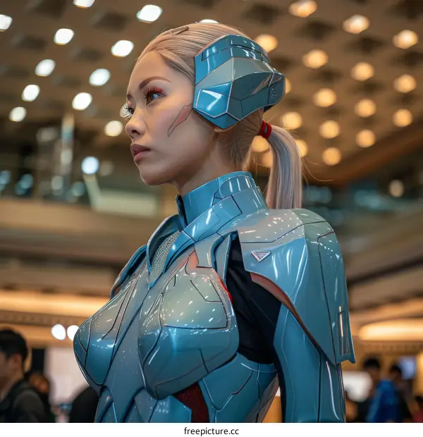 Portrait of a young woman in a blue and silver armored bodysuit