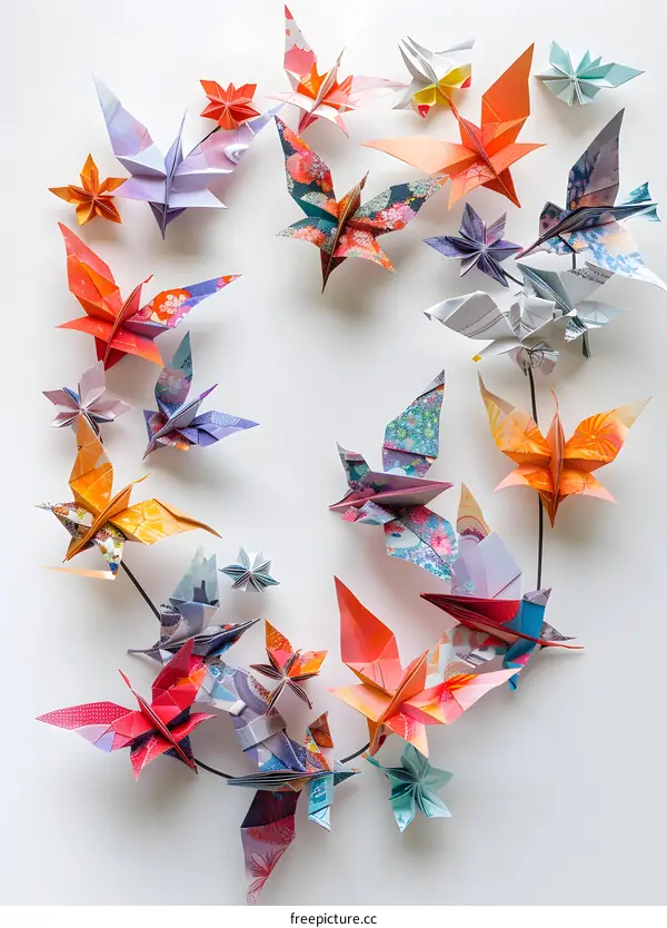 A variety of origami birds and flowers are arranged in a circle against a white background.