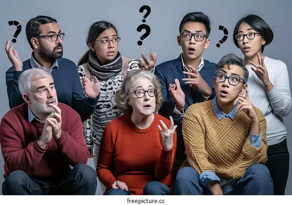 A group of people of different ages and ethnicities are sitting in a semi-circle looking at the camera with confused expressions on their faces.