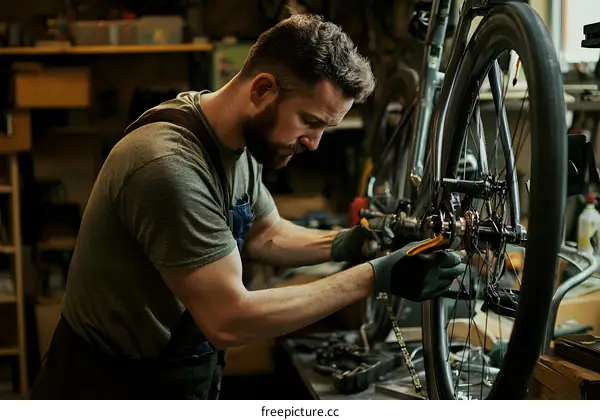 Man Fixing Bicycle in Workshop