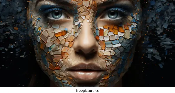 mosaic portrait of a woman with blue eyes