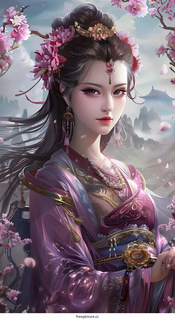 Fantasy Asian Woman In Purple Dress With Flowers